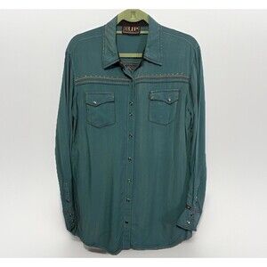 Cowgirl Up Shirt Womens Size XL Turquoise Teal Distressed Pearl Snap Embroidered